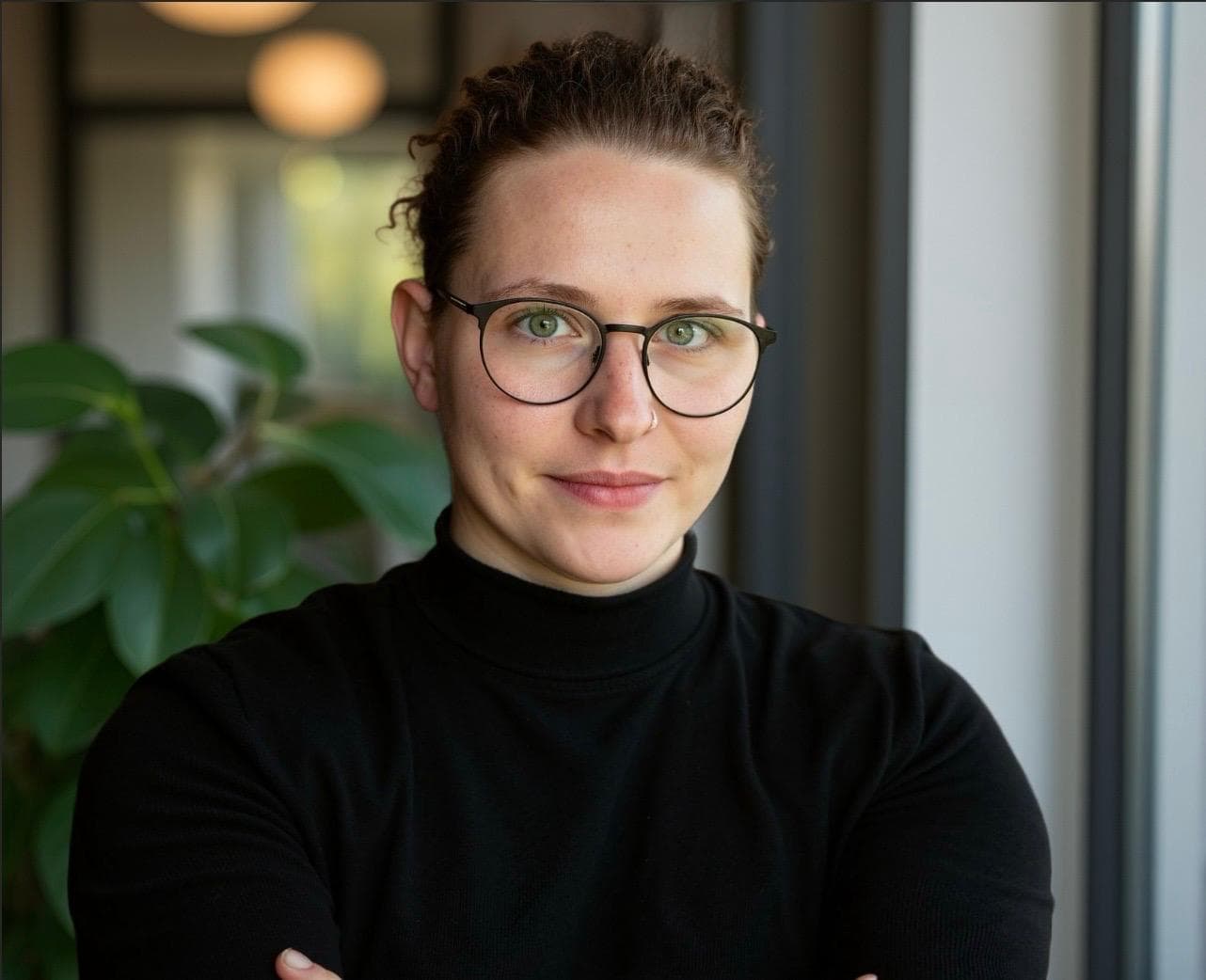 Porträt von Jasmin Schmidt: runde Brille, schwarzer Rollkragenpullover, verschränkte Arme, vor einer Fensterfront mit Grünpflanze